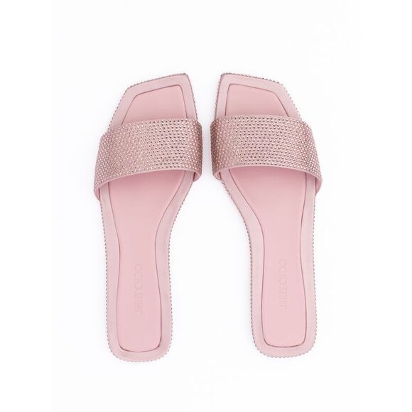 Jimmy Choo Pink Satin Crystal Clovis Women's Flat - Picture 3 of 4